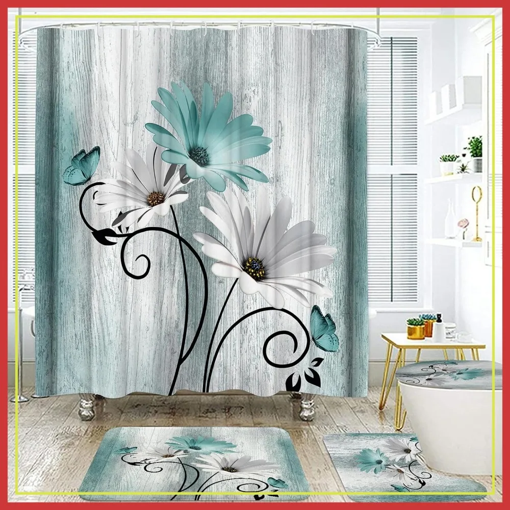 4PCS Teal Daisy Country Farmhouse Shower Curtain Set with Carpet & Accessories, Waterproof Bathroom Set with 12 Hooks, 71x71in
4PCS Teal Daisy Country Farmhouse Shower Curtain Set with Carpet & Accessories, Waterproof Bathroom Set with 12 Hooks, 71x71in