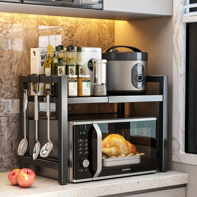 40-64cm Adjustable Expandable Microwave Shelf - Kitchen Storage Rack with 6 Hooks for Microwave and Baking Organization
40-64cm Adjustable Expandable Microwave Shelf - Kitchen Storage Rack with 6 Hooks for Microwave and Baking Organization
