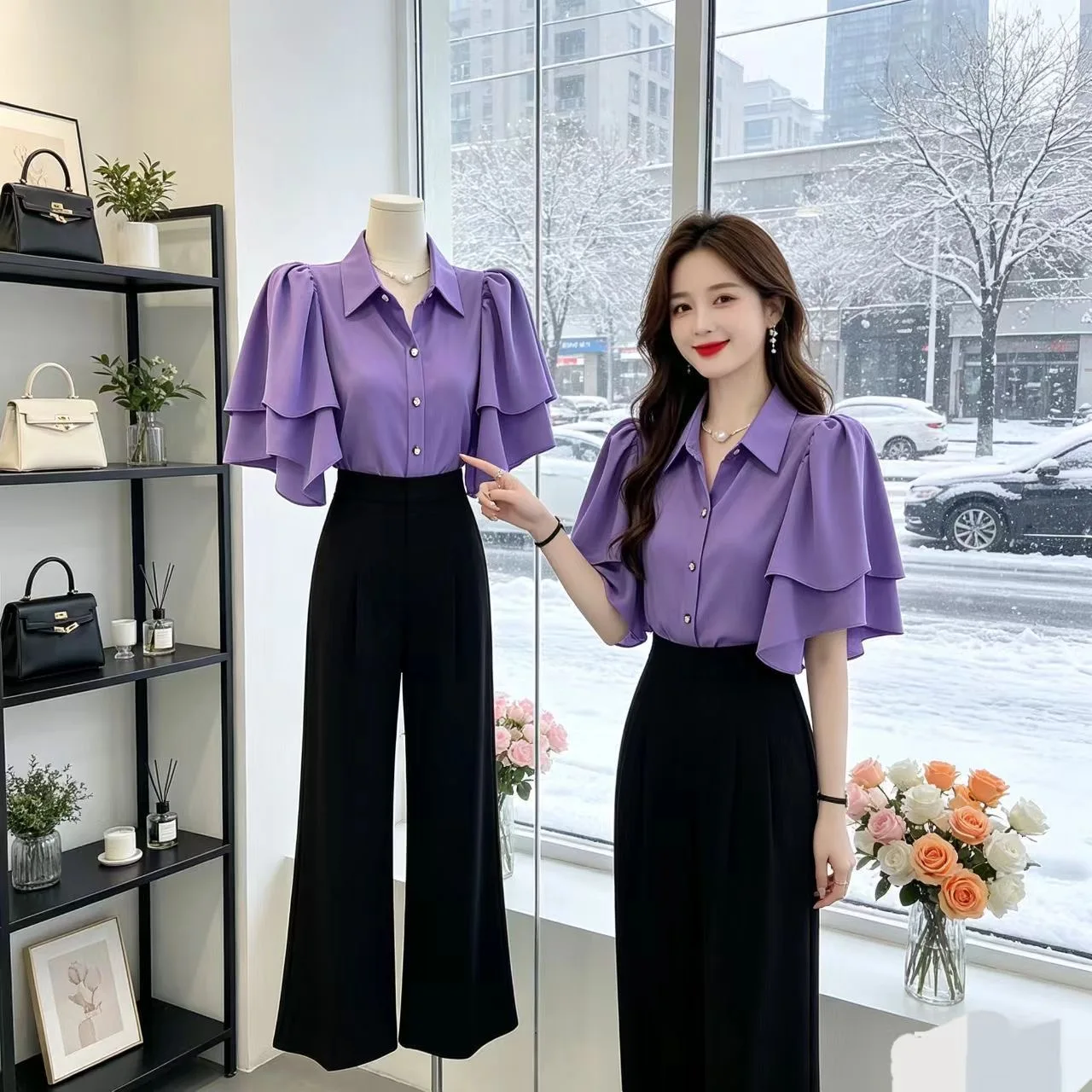 Elegant Short Sleeve Women's Shirt Pure Color Flounce Hem Chiffon Blouse Collar Commute Style Slim Fit Polyester Fiber
Elegant Short Sleeve Women's Shirt Pure Color Flounce Hem Chiffon Blouse Collar Commute Style Slim Fit Polyester Fiber