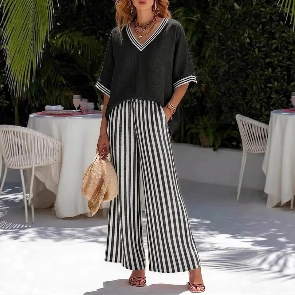 Women Summer 2 Piece Outfit Loose V Neck Short Sleeve Striped Wide Leg Trousers Cotton Linen Casual Set
Women Summer 2 Piece Outfit Loose V Neck Short Sleeve Striped Wide Leg Trousers Cotton Linen Casual Set