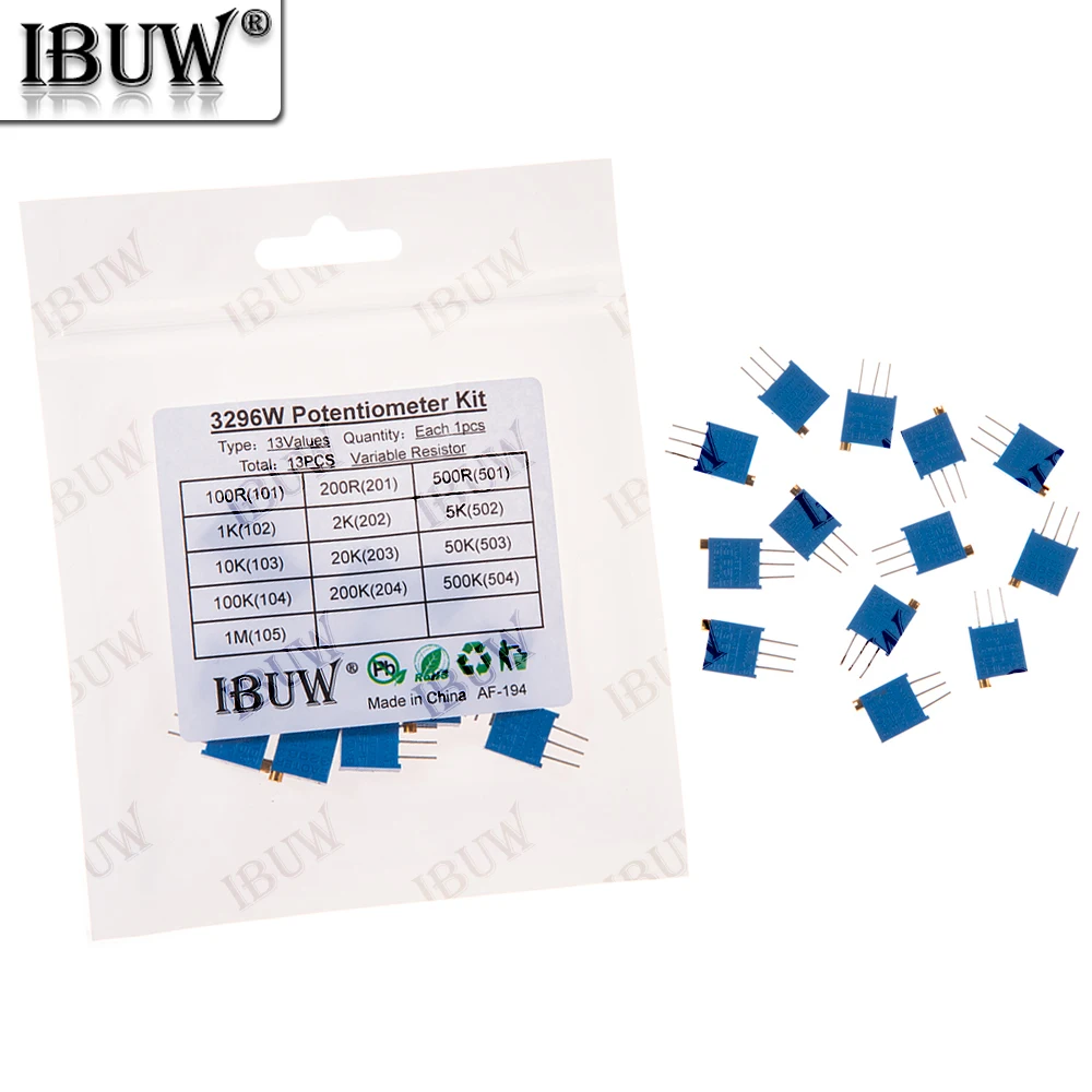 13PCS 3296W Trimmer Potentiometer Adjustable Resistor 10K 100K 500K 1M Ohm Variable Resistor with 3 Pins for DIY
13PCS 3296W Trimmer Potentiometer Adjustable Resistor 10K 100K 500K 1M Ohm Variable Resistor with 3 Pins for DIY