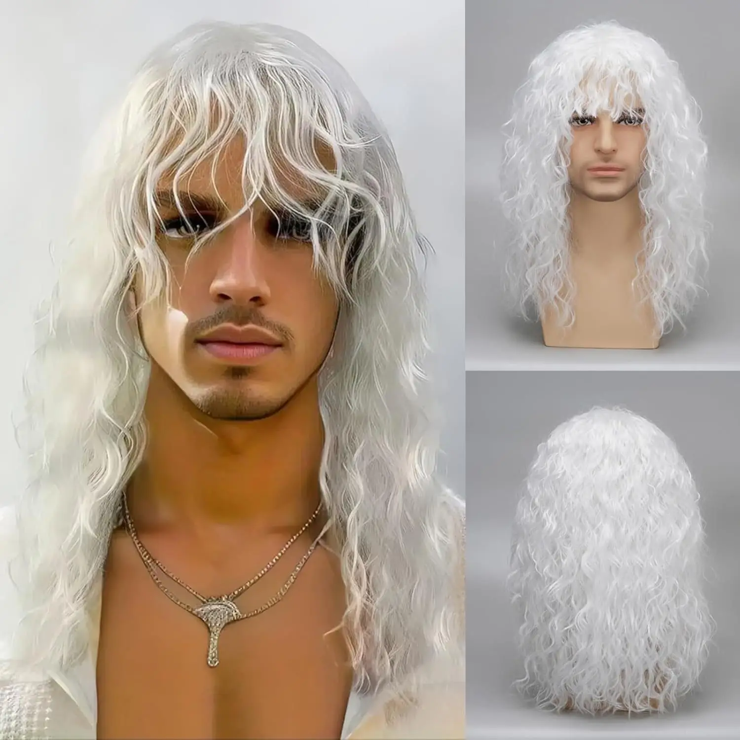Synthetic Wig 1980s White Long Curly Hair Black Fishbone Men's Heavy Metal Rock Polyester Wig
Synthetic Wig 1980s White Long Curly Hair Black Fishbone Men's Heavy Metal Rock Polyester Wig