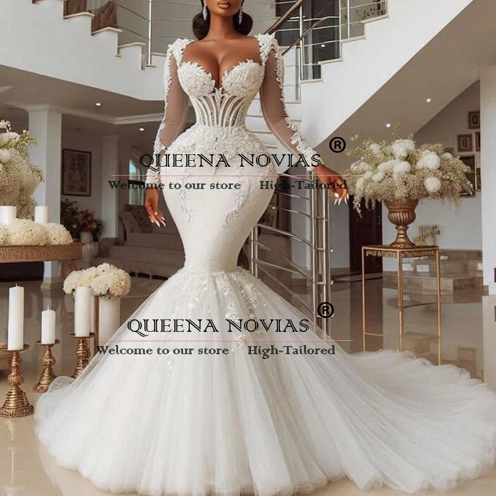 Luxury Sweetheart Mermaid Long Wedding Dresses For Bride Customized Ivory Lace Appliques Sweep Train Bridal Gowns robe de mariée
Luxury Sweetheart Mermaid Long Wedding Dresses For Bride Customized Ivory Lace Appliques Sweep Train Bridal Gowns robe de mariée