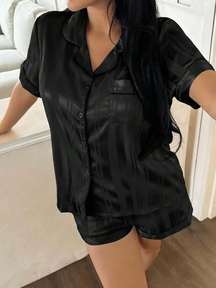 Black Striped Satin Short Sleeve Pajama Set Women Sleepwear
Black Striped Satin Short Sleeve Pajama Set Women Sleepwear