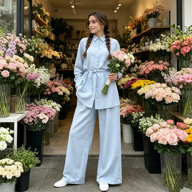 Women's Muslim Solid Color Fashion Set Long Sleeve Drawstring Shirt + Wide-Leg Trousers Femme Musulmane Ensembles Islam Clothing
Women's Muslim Solid Color Fashion Set Long Sleeve Drawstring Shirt + Wide-Leg Trousers Femme Musulmane Ensembles Islam Clothing