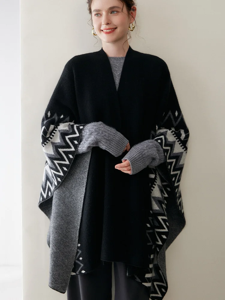 New Chic 100% Cashmere Women Sweater Shawl Black Jacquard Loose Cardigan Thicken Retro Autumn Winter Cashmere Knitwear Big Shawl
New Chic 100% Cashmere Women Sweater Shawl Black Jacquard Loose Cardigan Thicken Retro Autumn Winter Cashmere Knitwear Big Shawl