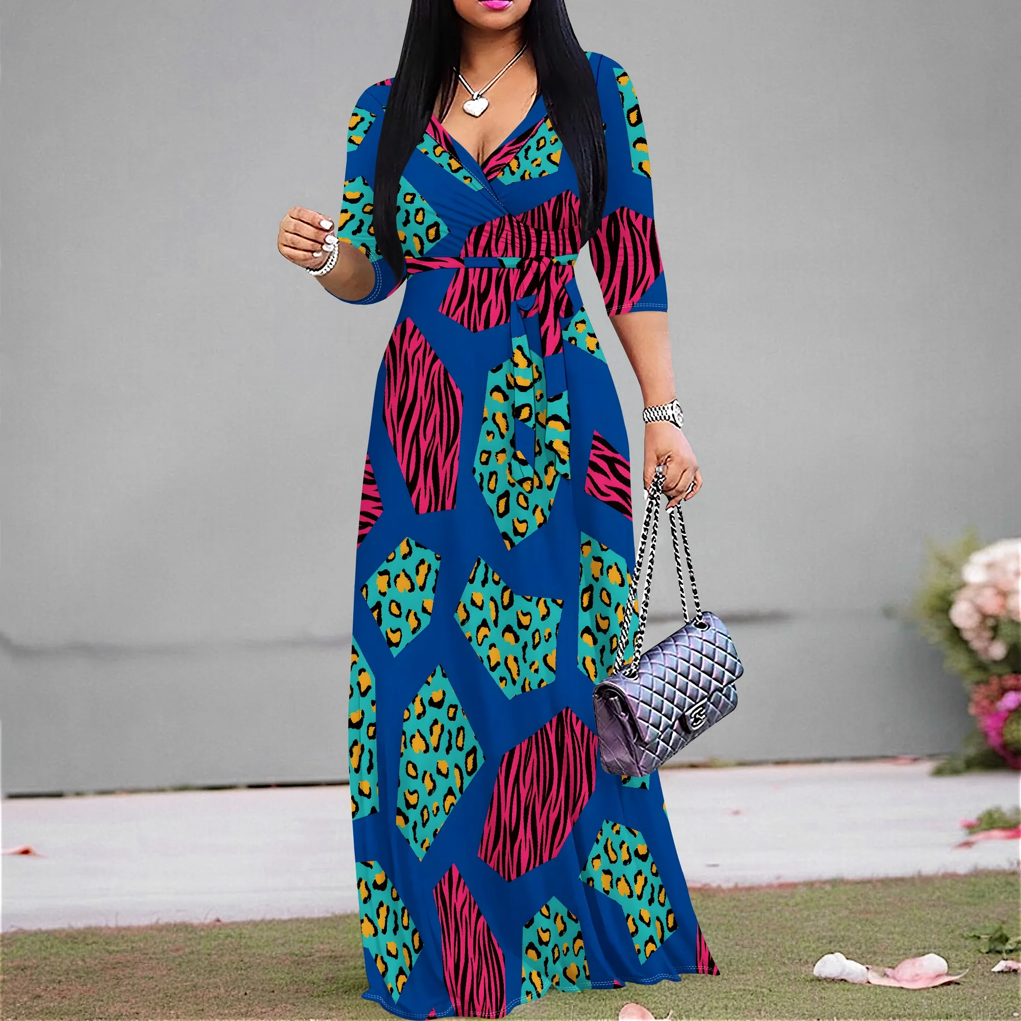Women's 3/4 Sleeve Sexy V Neck Loose Long Dress Fashion Printed Split Hem Casual Maxi Dress For Women With Pocket and Belt
Women's 3/4 Sleeve Sexy V Neck Loose Long Dress Fashion Printed Split Hem Casual Maxi Dress For Women With Pocket and Belt
