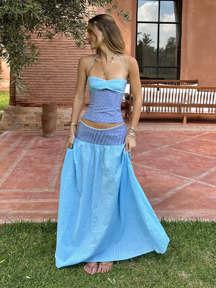 Summer Contrast Women Skirt Set Halter Sleeveless Cinched Waist Female Top And Long Skirt Slim Fitting Lady Beachwear Vacation
Summer Contrast Women Skirt Set Halter Sleeveless Cinched Waist Female Top And Long Skirt Slim Fitting Lady Beachwear Vacation