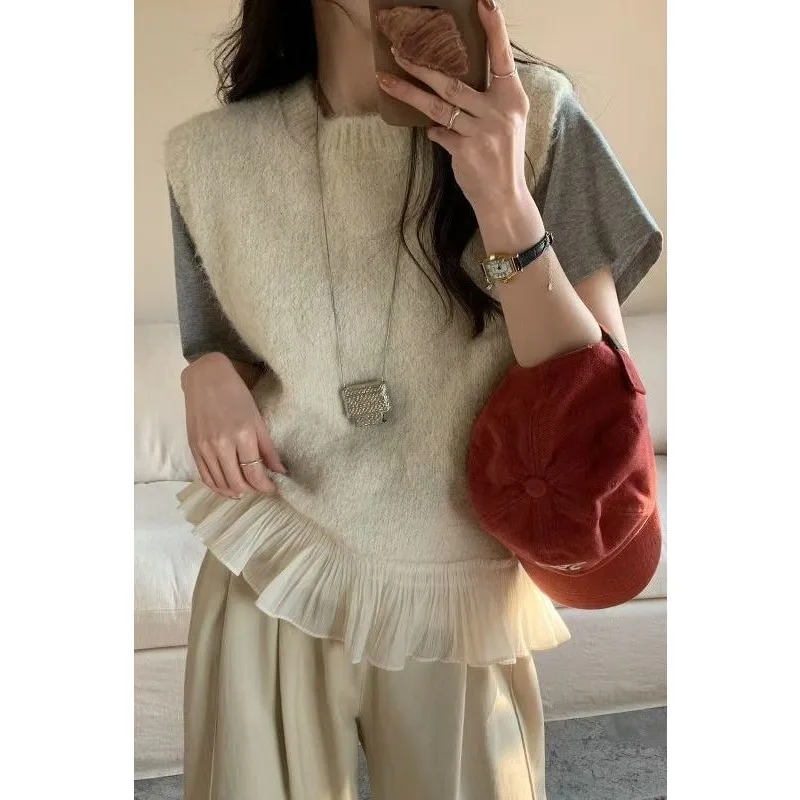 Design Ruffle Lace Splicing Sweater Sleeveless Women's Knitted Sweater Vest
Design Ruffle Lace Splicing Sweater Sleeveless Women's Knitted Sweater Vest