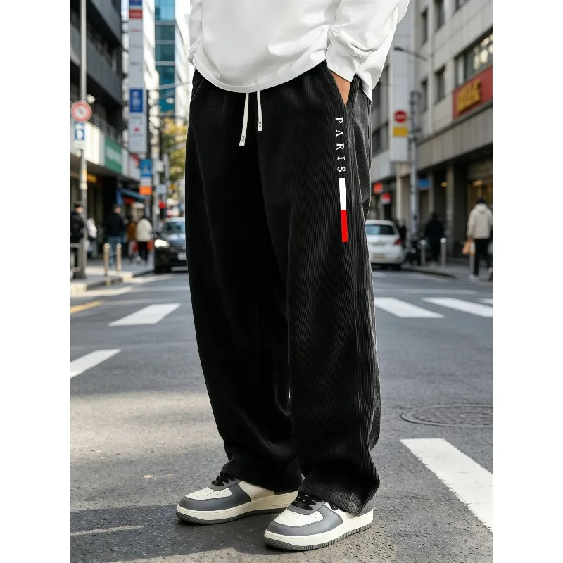 Men's wide leg pants with vertical stripes, corduroy elastic drawstring, casual pants with leg pants, letters,Paris print S-4XL
Men's wide leg pants with vertical stripes, corduroy elastic drawstring, casual pants with leg pants, letters,Paris print S-4XL