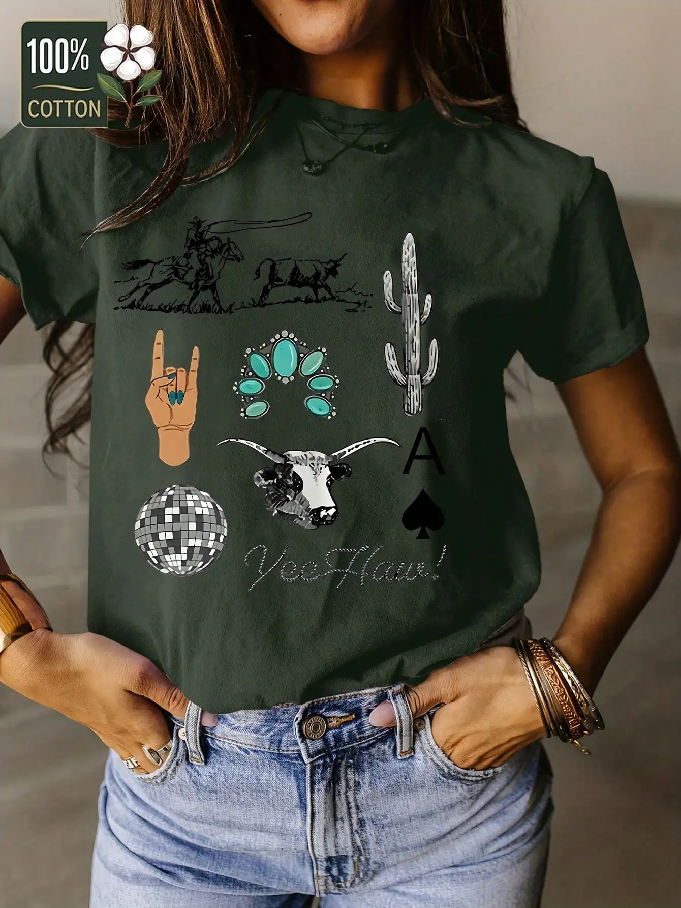 Женская футболка с коротким рукавом из 100% хлопка с графическим принтом в западном стиле
Женская футболка с коротким рукавом из 100% хлопка с графическим принтом в западном стиле