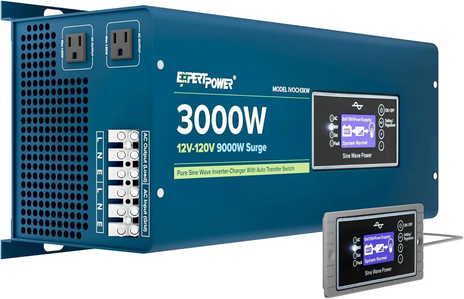 ExpertPower 3000W Pure Sine Wave Inverter Charger | Peak 9000W | DC 12V - AC 110V | LifePO4/ Lithium Battery Compatible | Auto Transfer Switch
ExpertPower 3000W Pure Sine Wave Inverter Charger | Peak 9000W | DC 12V - AC 110V | LifePO4/ Lithium Battery Compatible | Auto Transfer Switch