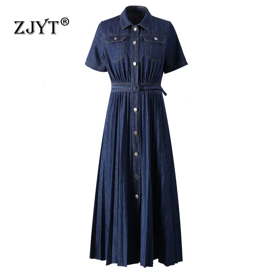 ZJYT Summer Short Sleeve Cotton Midi Denim Dresses for Women High Street Fashion Lapel Collar Single Breasted Casual Daily Robe
ZJYT Summer Short Sleeve Cotton Midi Denim Dresses for Women High Street Fashion Lapel Collar Single Breasted Casual Daily Robe