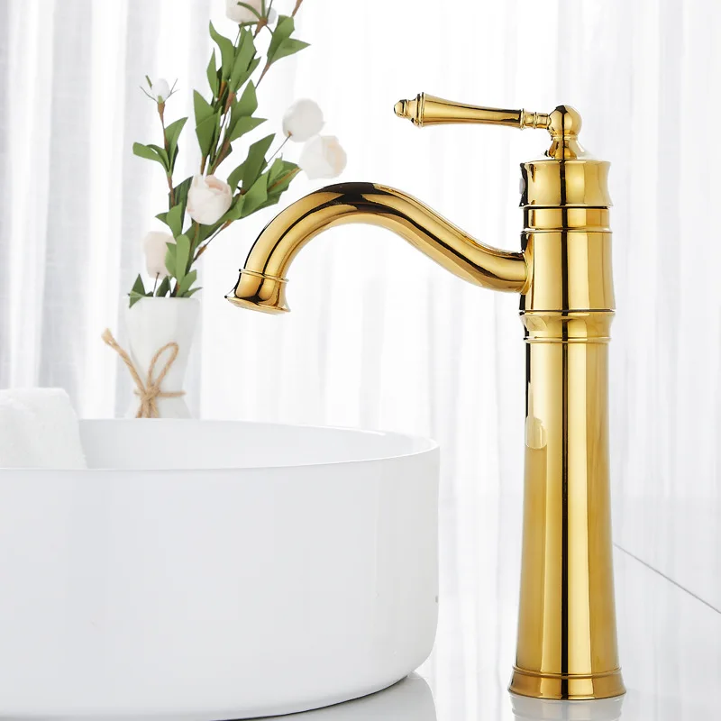 Brass gold all copper hot and cold faucet rotatable European basin, bathroom table basin heightened single hole single handle
Brass gold all copper hot and cold faucet rotatable European basin, bathroom table basin heightened single hole single handle