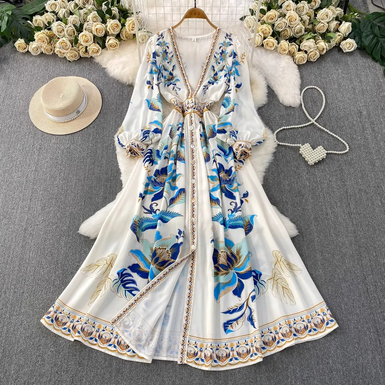 2026 Spring Women Clothing Runway Fashion Vintage Print Sleeve V-Neck Single Breasted Belted Vintage Party Long Vestidos
2026 Spring Women Clothing Runway Fashion Vintage Print Sleeve V-Neck Single Breasted Belted Vintage Party Long Vestidos