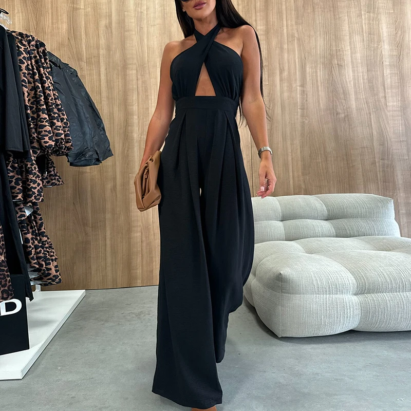 Women Elegant Cross Halter Hollow Long Jumpsuit Summer Sexy Sleeveless High Waist Wide Leg Playsuit Fashion Draped Solid Rompers
Women Elegant Cross Halter Hollow Long Jumpsuit Summer Sexy Sleeveless High Waist Wide Leg Playsuit Fashion Draped Solid Rompers