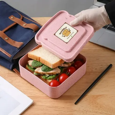 Boîte à lunch en fibre de bambou en forme de toast rose avec couvercle, boîte bento portable pour la cuisine, pique-nique en plein air, écologique, grande taille Yunliwei