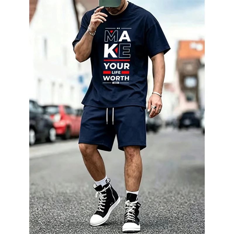 Men's "Make Your Life Worth" Print T-Shirt & Mesh Shorts Set, Casual 2-Piece Outfit, Summer Streetwear, EU Size Available
Men's "Make Your Life Worth" Print T-Shirt & Mesh Shorts Set, Casual 2-Piece Outfit, Summer Streetwear, EU Size Available