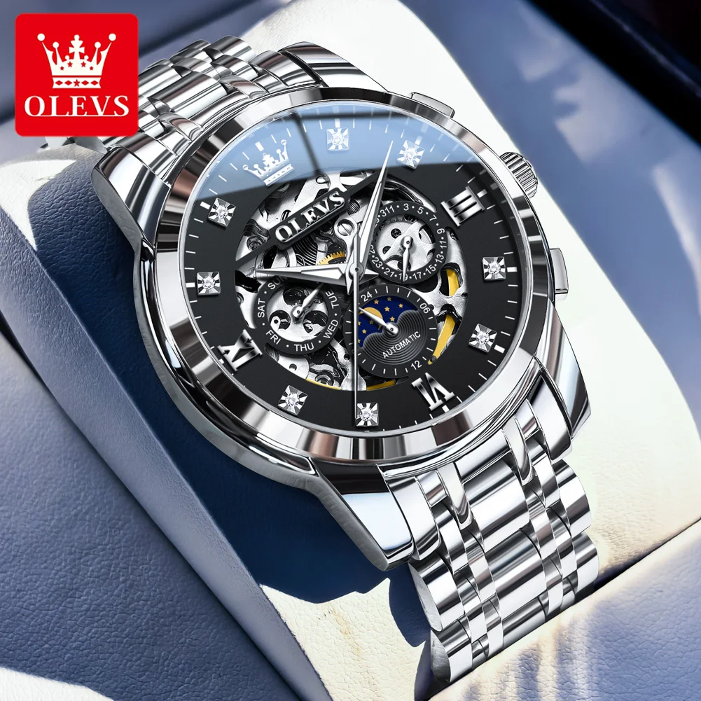 OLEVS Brand Luxury Moon Phase Watch Stainless Steel Hollow Mechanical Watch Men Waterproof Automatic Skeleton Wristwatch Male
OLEVS Brand Luxury Moon Phase Watch Stainless Steel Hollow Mechanical Watch Men Waterproof Automatic Skeleton Wristwatch Male
