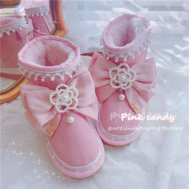 Cute Pink Bow Pearls Flower Beaded Women Ankle Boots Warm Plush Winter Shoes Woman Genuine Leather Fur Snow Boots Girls Shoes
Cute Pink Bow Pearls Flower Beaded Women Ankle Boots Warm Plush Winter Shoes Woman Genuine Leather Fur Snow Boots Girls Shoes