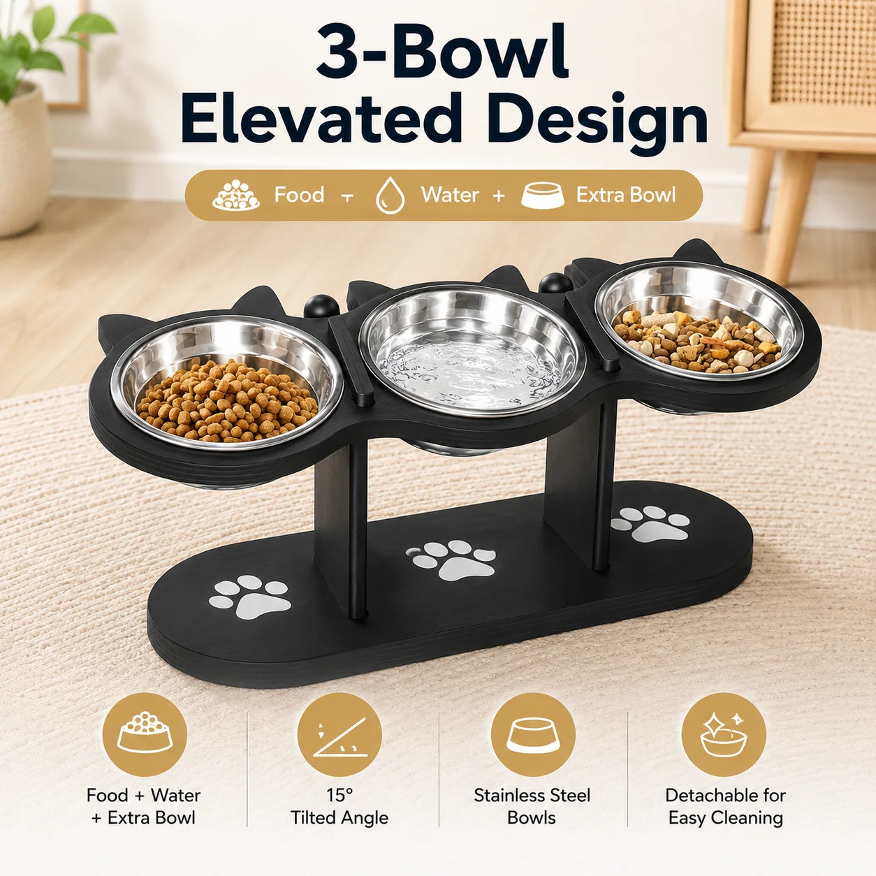15° Tilted Elevated Cat Bowl Stand with 3 Stainless Steel Bowls for Cats, Puppies and Small Pets, Detachable, Easy to Clean
15° Tilted Elevated Cat Bowl Stand with 3 Stainless Steel Bowls for Cats, Puppies and Small Pets, Detachable, Easy to Clean