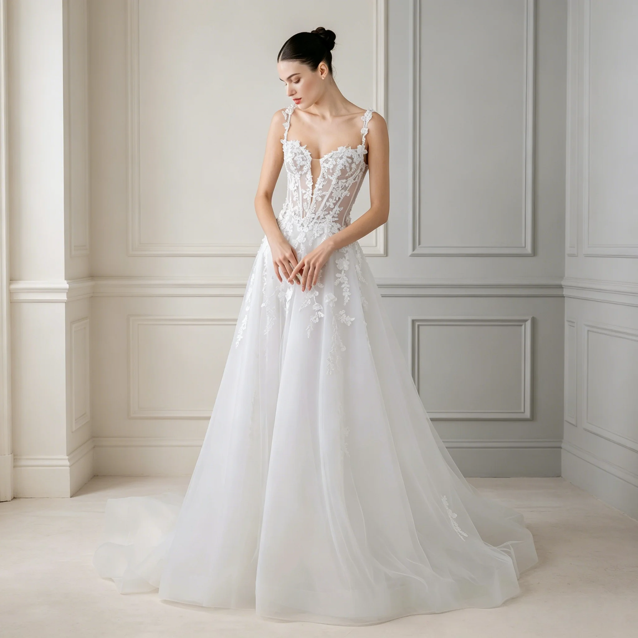 3D Floral Petal Spaghetti Deep V A Line Wedding Dress Strap Sheer Boned Corset Chapel Train French Romantic Bridal Gown Customiz
3D Floral Petal Spaghetti Deep V A Line Wedding Dress Strap Sheer Boned Corset Chapel Train French Romantic Bridal Gown Customiz