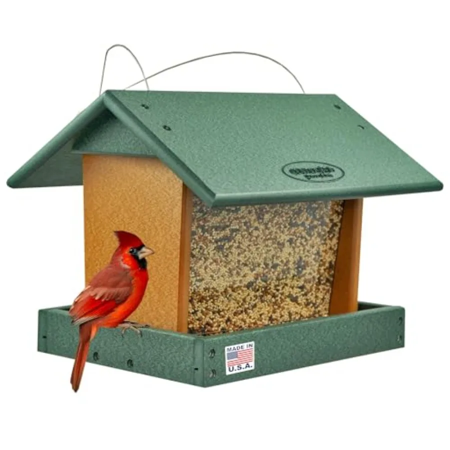 Large outdoor bird feeder for outside use made of durable wood in natural finish featuring wide hopper design and American Amis
Large outdoor bird feeder for outside use made of durable wood in natural finish featuring wide hopper design and American Amis