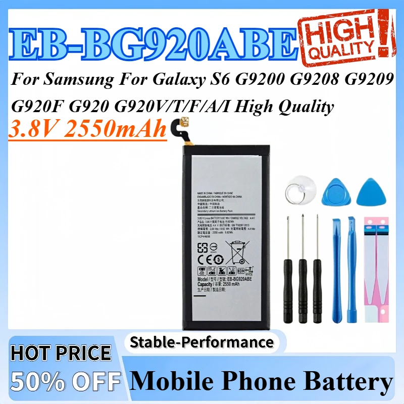 3,8 В 2550 мАч EB-BG920ABE аккумулятор мобильного телефона для Samsung Galaxy S6 G9200 G9208 G9209 G920F G920 G920V/T/F/A/I + инструменты
3,8 В 2550 мАч EB-BG920ABE аккумулятор мобильного телефона для Samsung Galaxy S6 G9200 G9208 G9209 G920F G920 G920V/T/F/A/I + инструменты