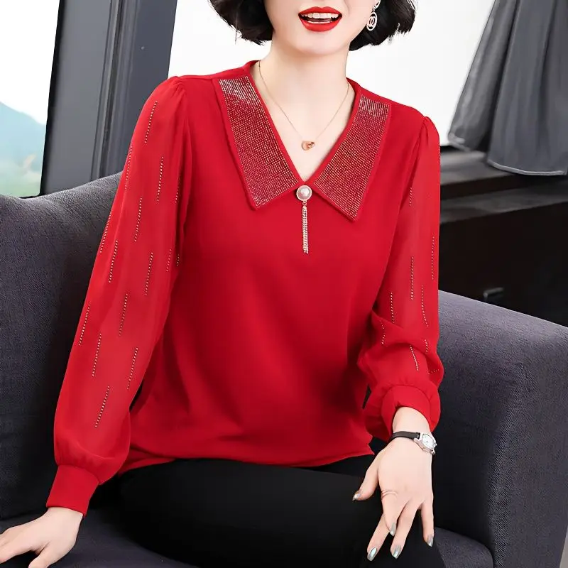 Spring Fashionable Diamonds Top Tee Ladies Red Fashion Peter Pan Collar Chiffon Pullovers Women Clothing Office Lady T-Shirts
Spring Fashionable Diamonds Top Tee Ladies Red Fashion Peter Pan Collar Chiffon Pullovers Women Clothing Office Lady T-Shirts