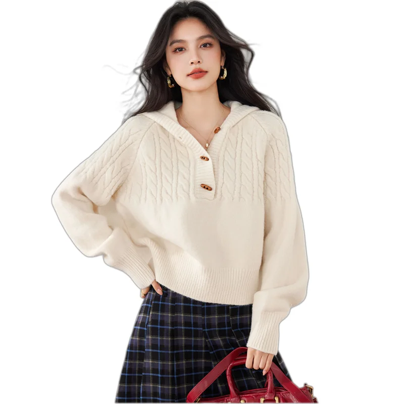 2024 New Autumn Winter Women Loose Pullover Sweater High Quality Vintage Ox Horn Buttons Hooded Twisted Knitted Sweater
2024 New Autumn Winter Women Loose Pullover Sweater High Quality Vintage Ox Horn Buttons Hooded Twisted Knitted Sweater