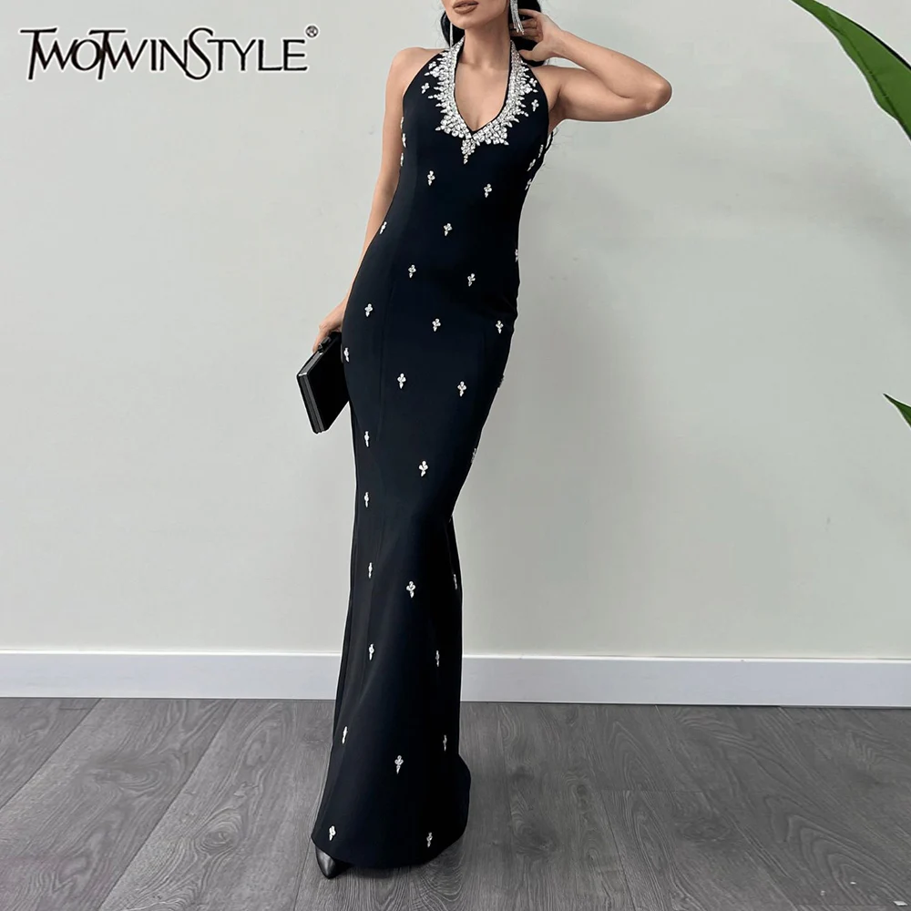 TWOTWINSTYLE Black Slimming Spliced Nrad Luxurious Sexy Dresses for Women Halter Sleeveless Blackless Elegant Long Dress Female
TWOTWINSTYLE Black Slimming Spliced Nrad Luxurious Sexy Dresses for Women Halter Sleeveless Blackless Elegant Long Dress Female