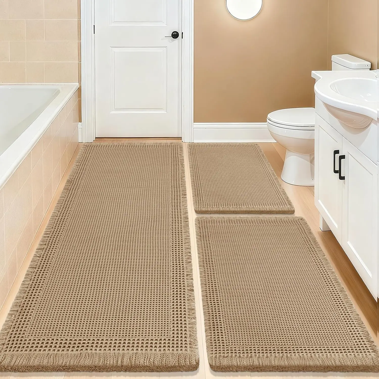 Upgrade Waffle Bath Mat Set 3 Piece, Boho Absorbent Non-Slip Rugs, Ultra Soft Machine Washable for Bathroom Bedroom Kitchen
Upgrade Waffle Bath Mat Set 3 Piece, Boho Absorbent Non-Slip Rugs, Ultra Soft Machine Washable for Bathroom Bedroom Kitchen