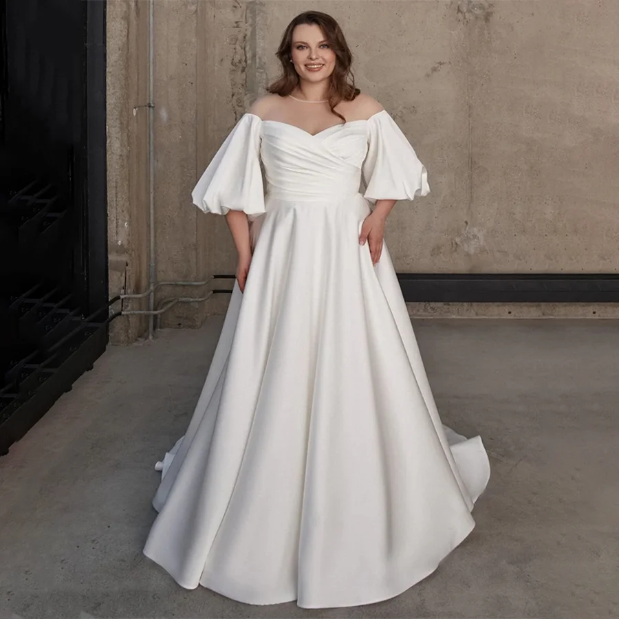 Off Shoulder Puff Sleeves Satin Wedding Gown A-Line Plus Size Back Lace Up And Buttons Floor Length Bridal Dress For Woman
Off Shoulder Puff Sleeves Satin Wedding Gown A-Line Plus Size Back Lace Up And Buttons Floor Length Bridal Dress For Woman