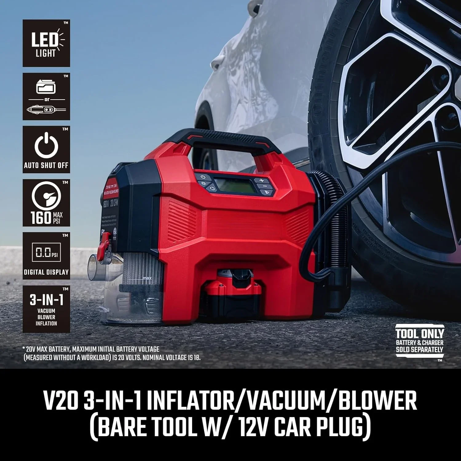 3-in-1 Tire Inflator, 160PSI Portable Air Compressor/Car Vacuum/Dust Blower,20V Cordless & 12V Car Power,Air Pump with LED Light
3-in-1 Tire Inflator, 160PSI Portable Air Compressor/Car Vacuum/Dust Blower,20V Cordless & 12V Car Power,Air Pump with LED Light