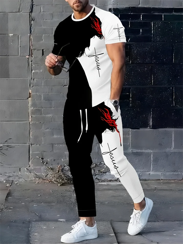 Black Color-block 3D Printed Men's Casual Autumn 2pcs Set, Outdoor Sports Casual Men's Short-sleeved Shirt And Casual Long Pants
Black Color-block 3D Printed Men's Casual Autumn 2pcs Set, Outdoor Sports Casual Men's Short-sleeved Shirt And Casual Long Pants