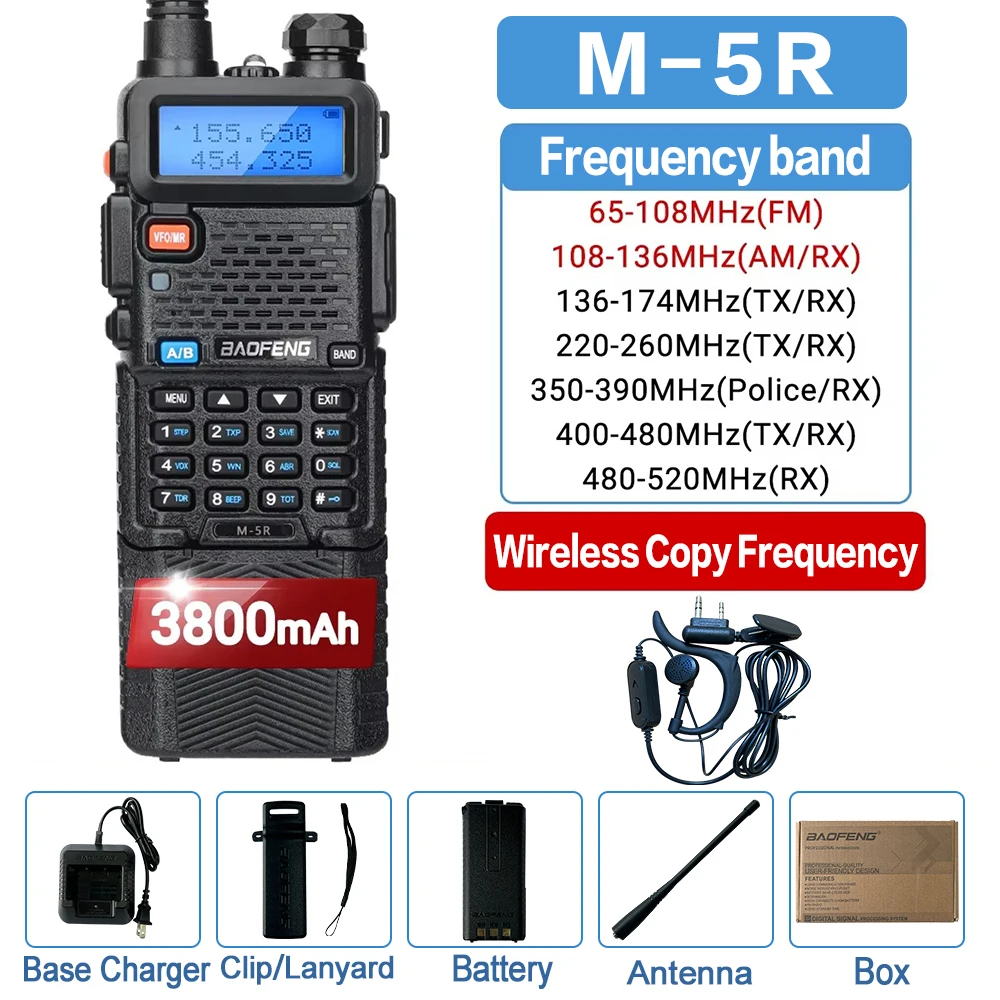 Baofeng M-5R Air Band Walkie Talkie 3800mAh Battery Wireless Copy Frequency Long Range AM commutator Ham UV-5R K5 Two Way Radio
Baofeng M-5R Air Band Walkie Talkie 3800mAh Battery Wireless Copy Frequency Long Range AM commutator Ham UV-5R K5 Two Way Radio