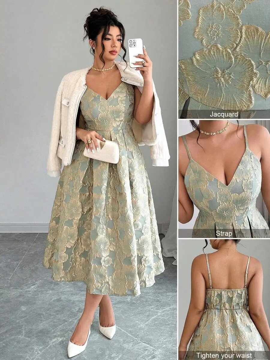 Elegant Jacquard Spaghetti Strap Midi Dress with V-Neck and A-Line Skirt
Elegant Jacquard Spaghetti Strap Midi Dress with V-Neck and A-Line Skirt