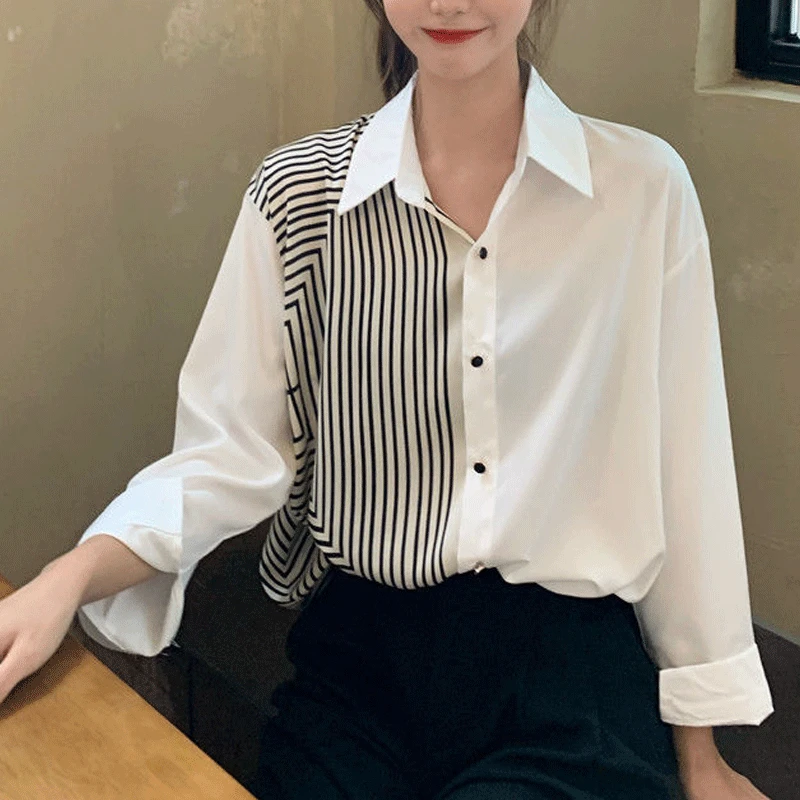 Spring and Summer New Over-sized Women's Clothing Solid Color Patchwork Stripe Print POLO Collar Single Breasted Fashion Shirt
Spring and Summer New Over-sized Women's Clothing Solid Color Patchwork Stripe Print POLO Collar Single Breasted Fashion Shirt
