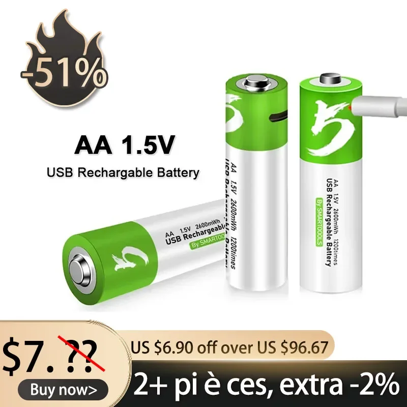 USB Lithium Rechargeable Battery 1.5V 2600mAh AA For Remote Control Mouse Electric Toy Shaver Small Fan MP3+ TYPE C Cable
USB Lithium Rechargeable Battery 1.5V 2600mAh AA For Remote Control Mouse Electric Toy Shaver Small Fan MP3+ TYPE C Cable