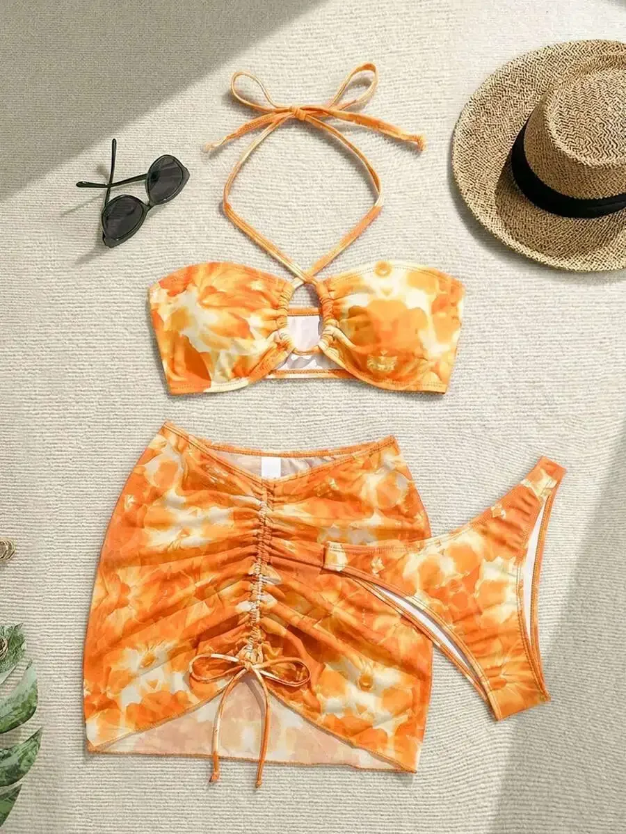 Orange Floral Print Halter Tie Bikini Set With Skirt Cover Up
Orange Floral Print Halter Tie Bikini Set With Skirt Cover Up