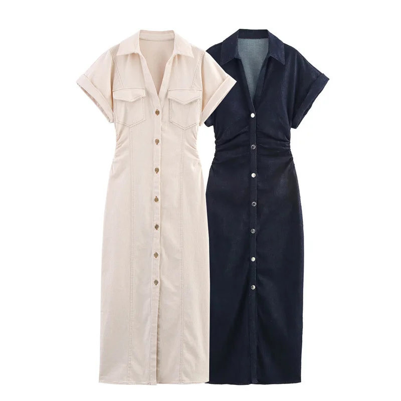 2025 Spring Summer Single-Breasted Slim Fit Denim Dress Elegant Pleated Midi Short-Sleeve Dress New Fashion Women's Pocket Skirt
2025 Spring Summer Single-Breasted Slim Fit Denim Dress Elegant Pleated Midi Short-Sleeve Dress New Fashion Women's Pocket Skirt