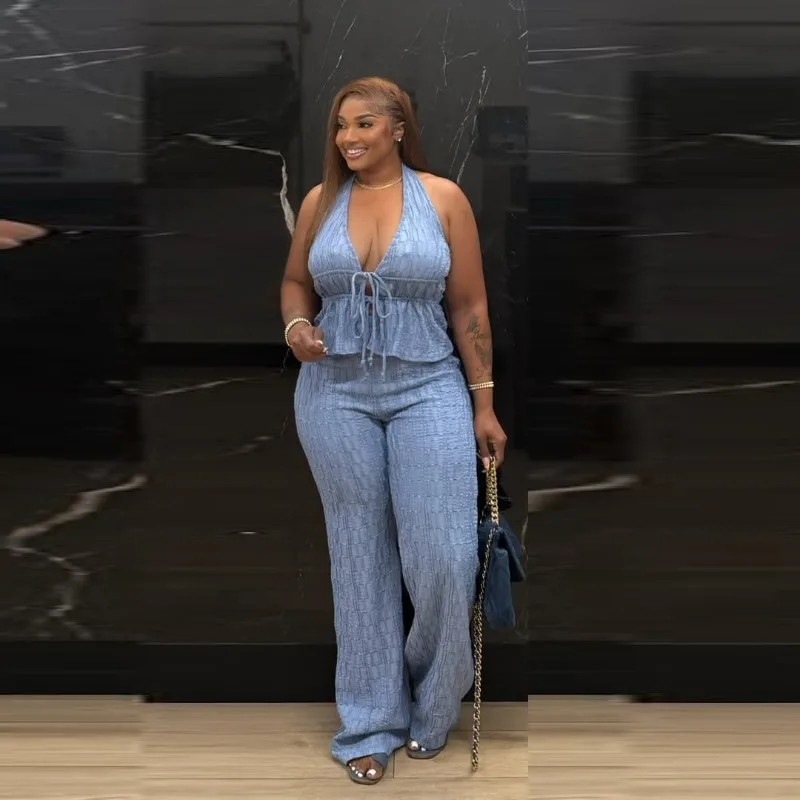 Women Jacquard Solid Holiday 2 Piece Set Lace Up DeepV-neck Halter Backless Tanks Top + Wide Leg Pants Casual Streetwear Suits
Women Jacquard Solid Holiday 2 Piece Set Lace Up DeepV-neck Halter Backless Tanks Top + Wide Leg Pants Casual Streetwear Suits