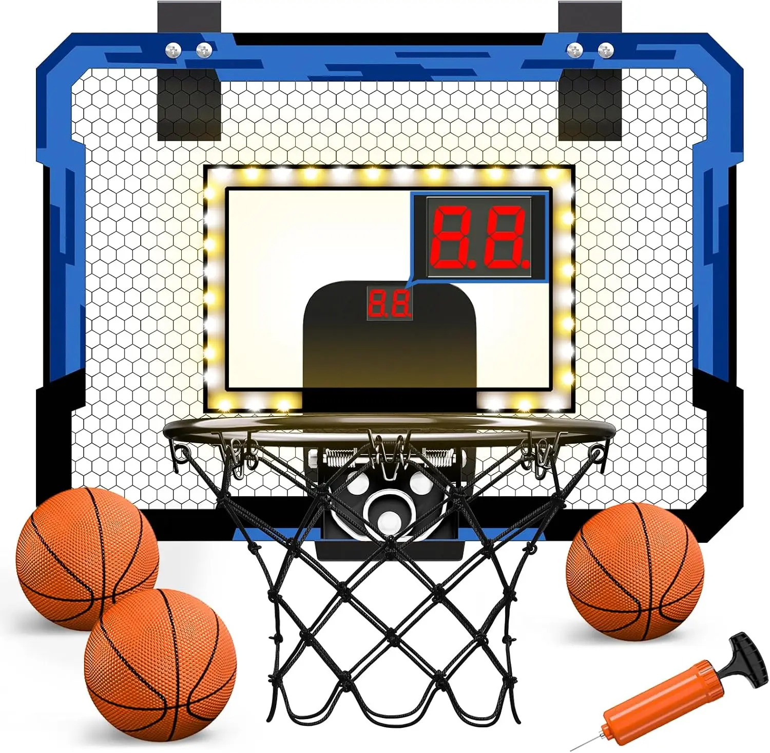 Mini Basketball Hoop Over Door Indoor with LED Scoreboard, 3 Balls, Breakaway Rim, Blue for Kids Adults Bedroom Office
Mini Basketball Hoop Over Door Indoor with LED Scoreboard, 3 Balls, Breakaway Rim, Blue for Kids Adults Bedroom Office