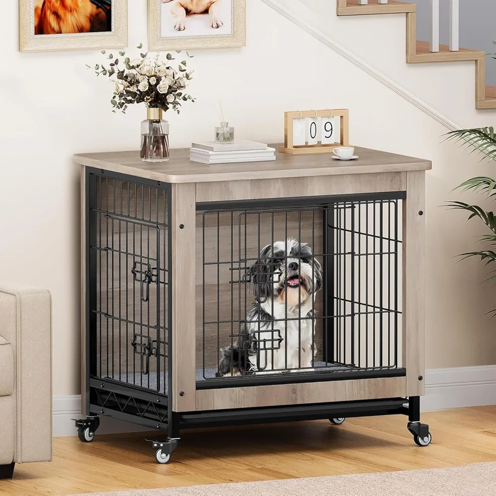 27" Rolling Dog Crate Furniture: Indoor Kennel End Table with Cushion, Tray & Double Doors
27" Rolling Dog Crate Furniture: Indoor Kennel End Table with Cushion, Tray & Double Doors