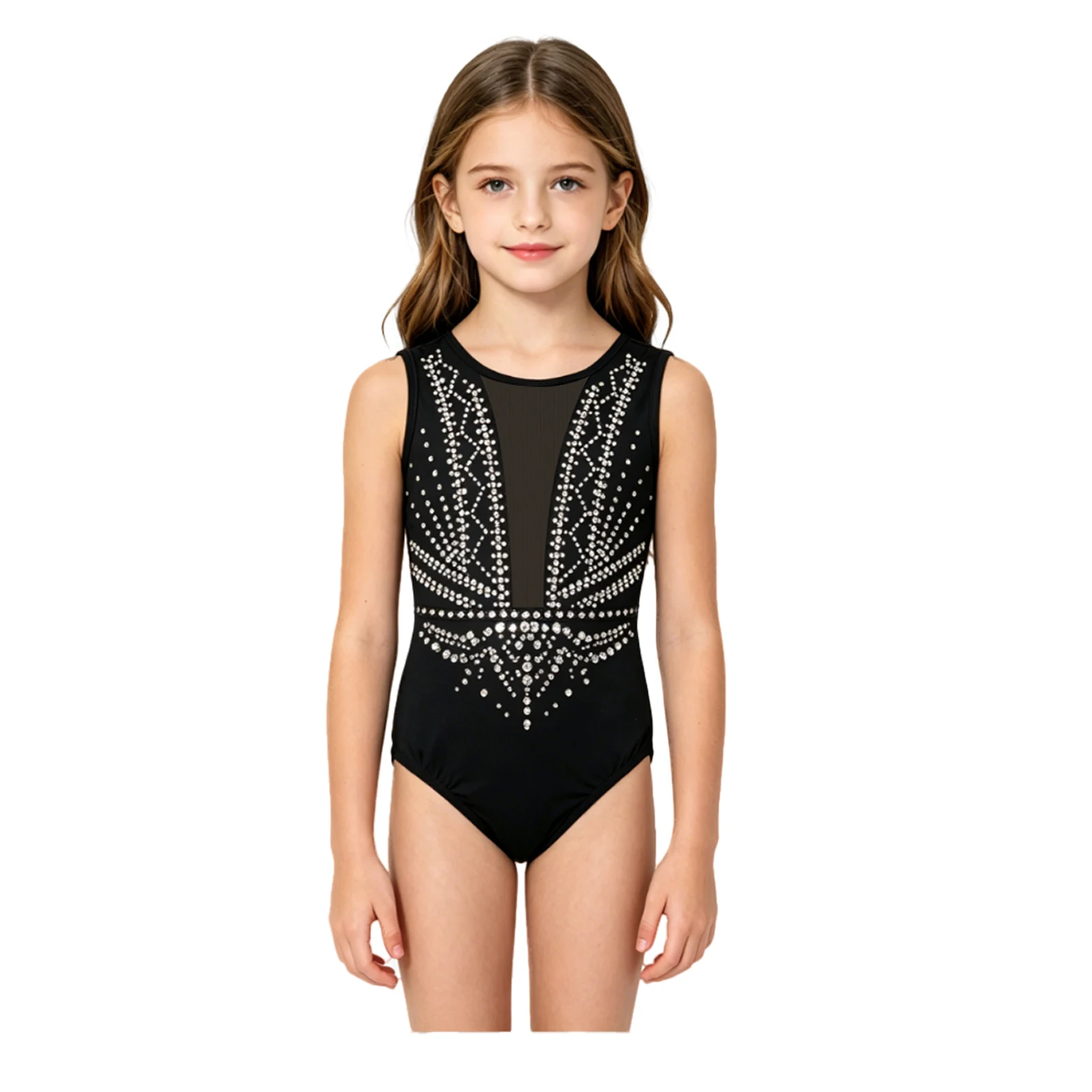 Girls Black Sleeveless Gymnastics Leotard with Rhinestones Sheer Mesh Panel for Dance Ballet Competition Performance Training
Girls Black Sleeveless Gymnastics Leotard with Rhinestones Sheer Mesh Panel for Dance Ballet Competition Performance Training
