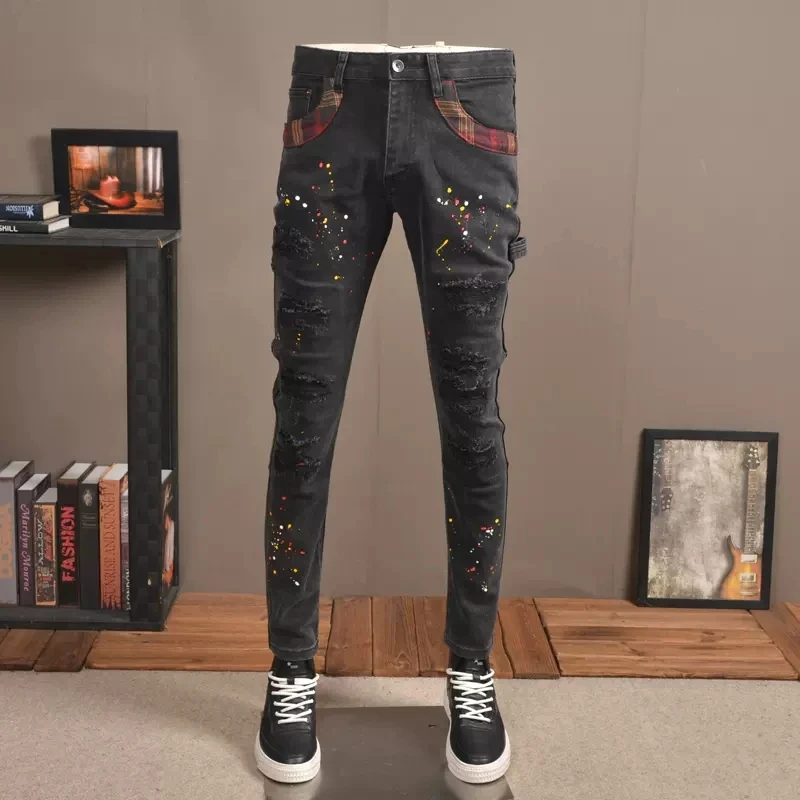 Fashion Streetwear Men Jeans Retro Black Gray Stretch Slim Hole Ripped Jeans Men Painted Designer Patched Hip Hop Pants Hombre
Fashion Streetwear Men Jeans Retro Black Gray Stretch Slim Hole Ripped Jeans Men Painted Designer Patched Hip Hop Pants Hombre