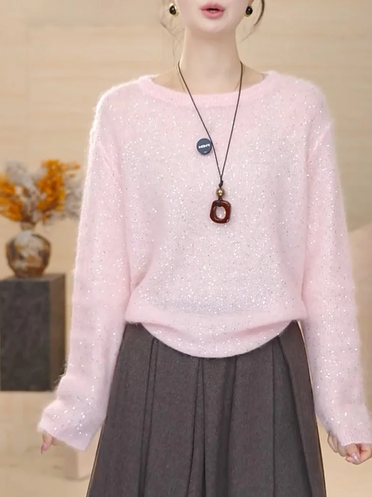 Elegant Pink Sequin Knitwear round Neck Overhead Casual Inner Wear Autumn Winter Loose Fit Korean Style Warmth Thermalized
Elegant Pink Sequin Knitwear round Neck Overhead Casual Inner Wear Autumn Winter Loose Fit Korean Style Warmth Thermalized