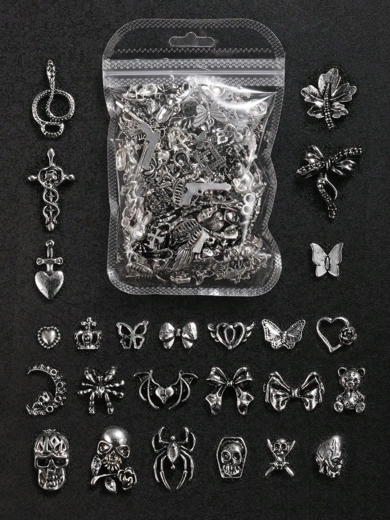 100pcs Halloween 3D Skull, Crossed Hands, Bat, Heart, Spider, Snake, And Devil Metal Nail Art Decorations; Vintage Snake, Devil, Skull, Rabbit, And Bat Bone Nail Jewelry; Y2K Gothic Metal Nail Gems For DIY Girls; Acrylic Nail Stickers For Phone Cases, Sho
100pcs Halloween 3D Skull, Crossed Hands, Bat, Heart, Spider, Snake, And Devil Metal Nail Art Decorations; Vintage Snake, Devil, Skull, Rabbit, And Bat Bone Nail Jewelry; Y2K Gothic Metal Nail Gems For DIY Girls; Acrylic Nail Stickers For Phone Cases, Sho