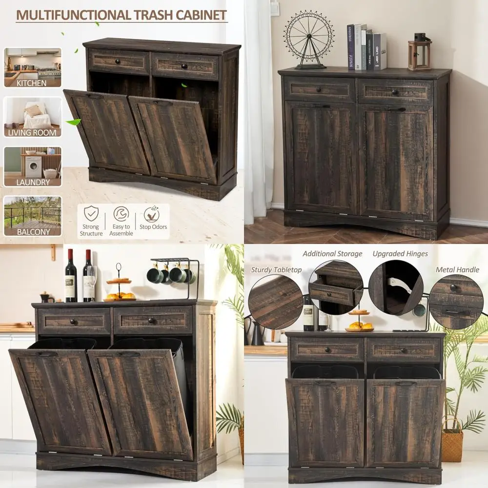 Dual Bin Kitchen Trash and Recycling Cabinet with Hidden Storage, 26 Gallons Capacity, Rustic Brown
Dual Bin Kitchen Trash and Recycling Cabinet with Hidden Storage, 26 Gallons Capacity, Rustic Brown
