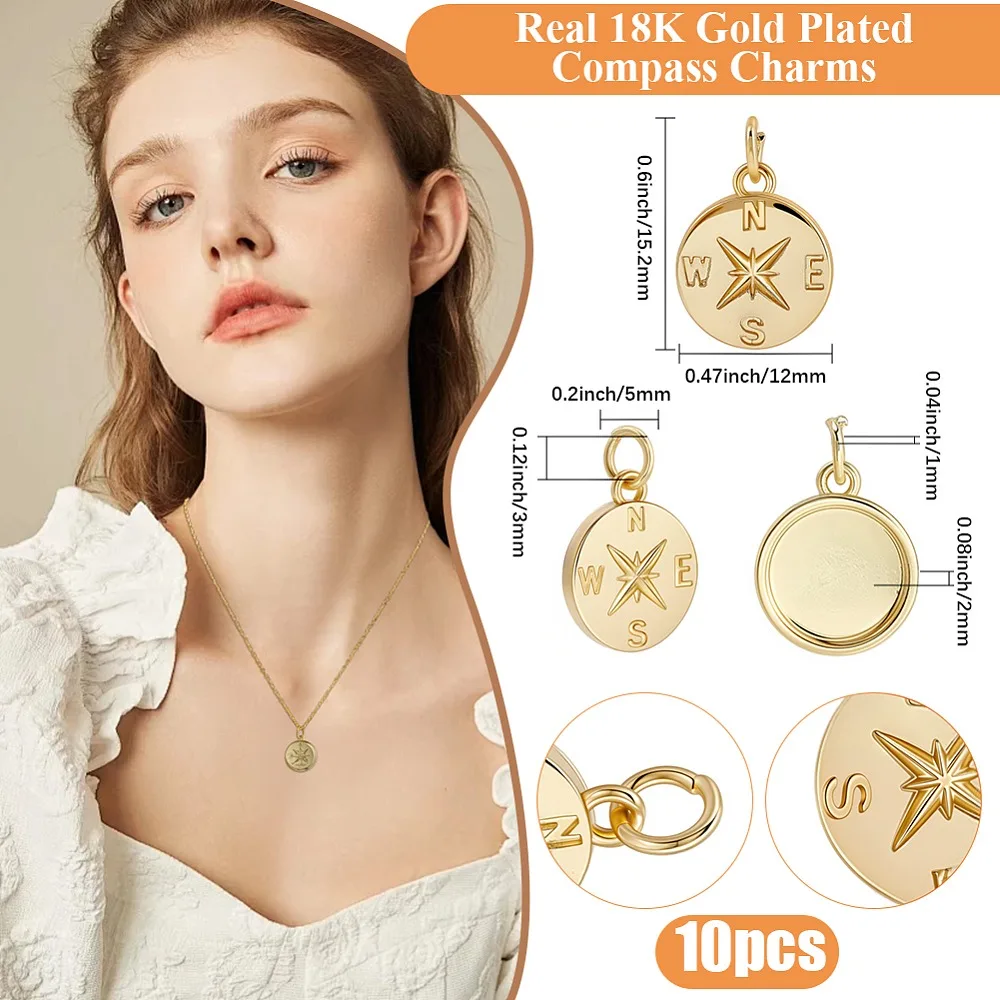 10Pcs Brass Compass Charms with Jump Rings Long-Lasting Plated Real 18K Gold Plated 15.2x12x2mm Jump Rings: 5x1mm
10Pcs Brass Compass Charms with Jump Rings Long-Lasting Plated Real 18K Gold Plated 15.2x12x2mm Jump Rings: 5x1mm